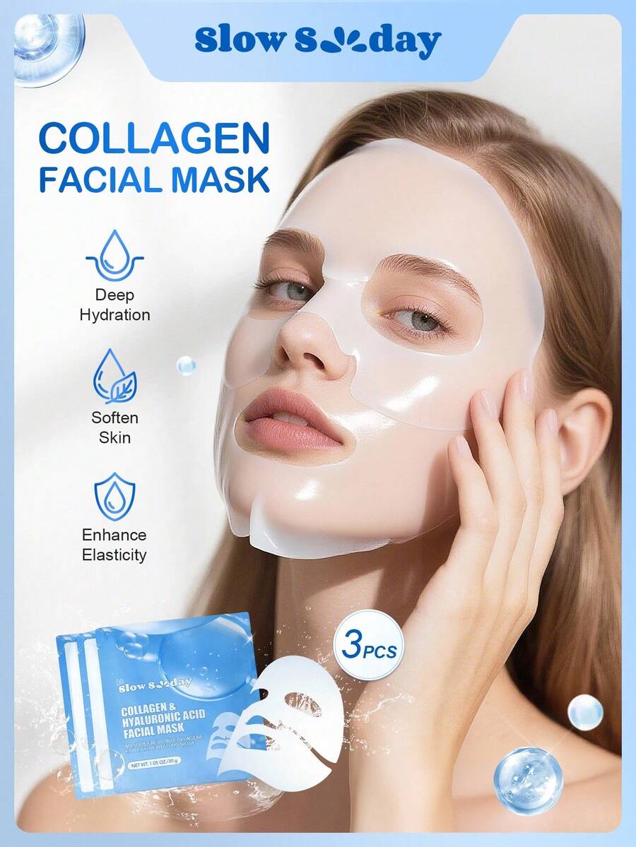 **SlowSunday Collagen & Hyaluronic Acid Face Mask (3pcs)** – Korean Jelly Mask for Deep Moisturizing, Skin Elasticity & Smoothness | K-Beauty Skincare Gift