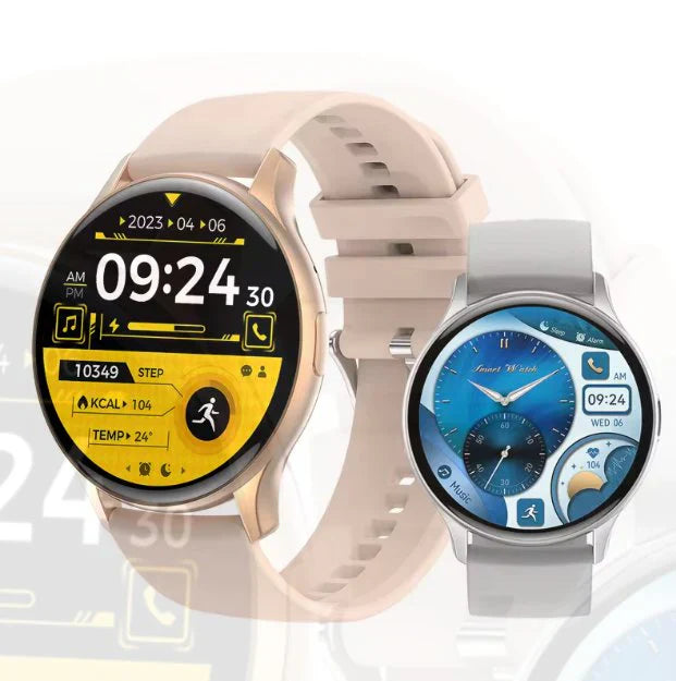 AMOLED smart watch features showcasing two stylish smart watches with different displays.