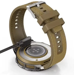 Smart Watch G25 charging on a wire with stylish brown strap and modern features.