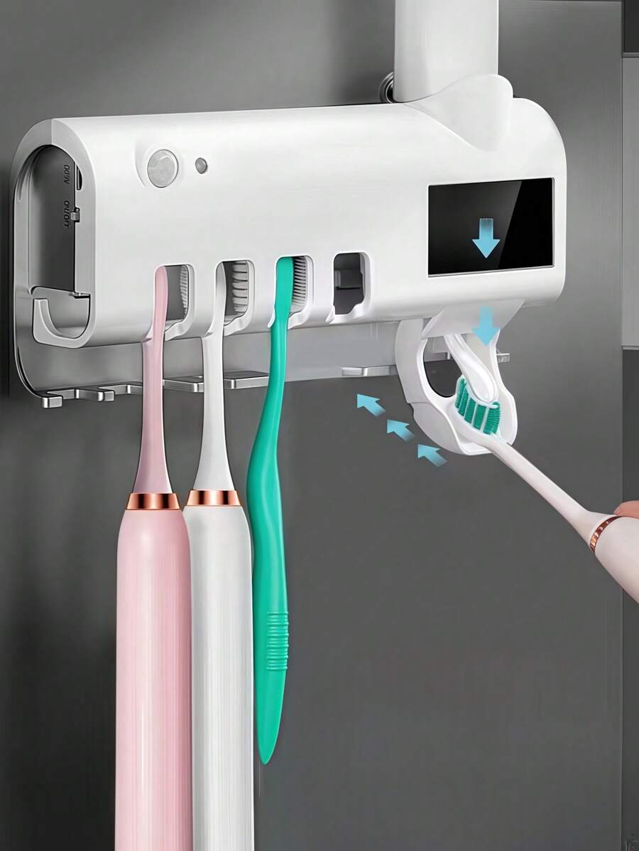 1Pc White Smart Toothbrush Sterilizer & Holder – No-Drill Wall-Mounted, USB Rechargeable Automatic Toothpaste Dispenser, Holds 4 Toothbrushes & 1 Toothpaste, Multi-Functional Bathroom Organizer for Home & Dorms